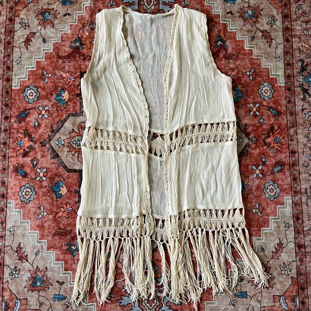 Vintage Beige Cotton Fringe Vest